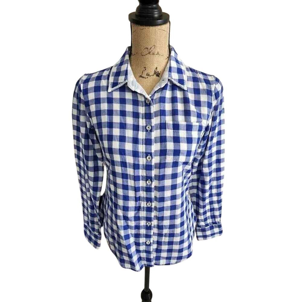 Tommy Bahama Womens Blue White Gingham Beaded Collar Cotton Button Up Shirt XS